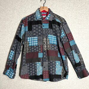 Vintage Lanzino Shirt Mens Large Blue Patchwork Roll Contrast Cuff Rockabilly
